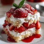 No-bake strawberry shortcake dessert with fresh strawberries and whipped cream.