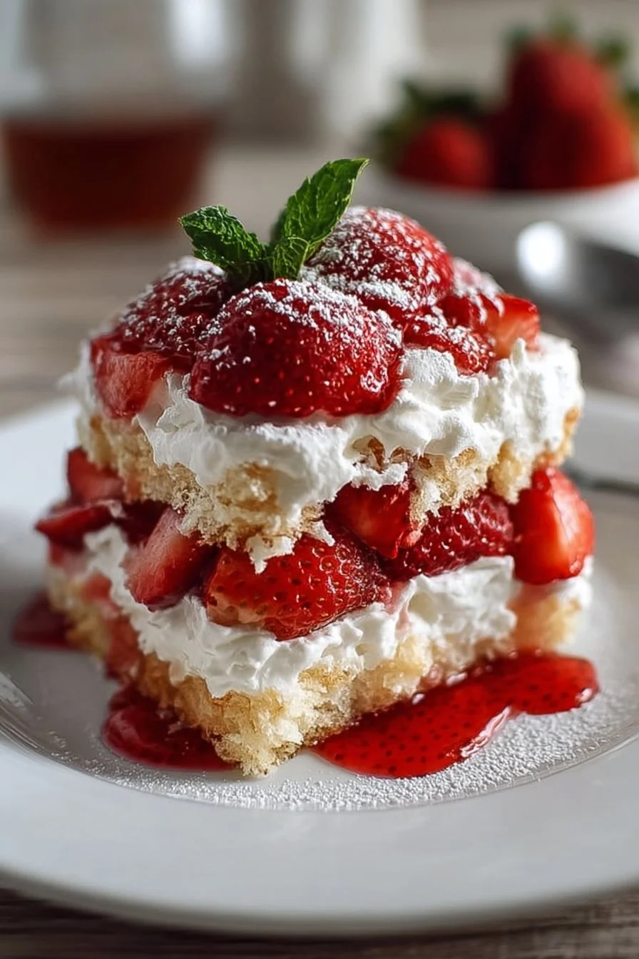 No-bake strawberry shortcake dessert with fresh strawberries and whipped cream.