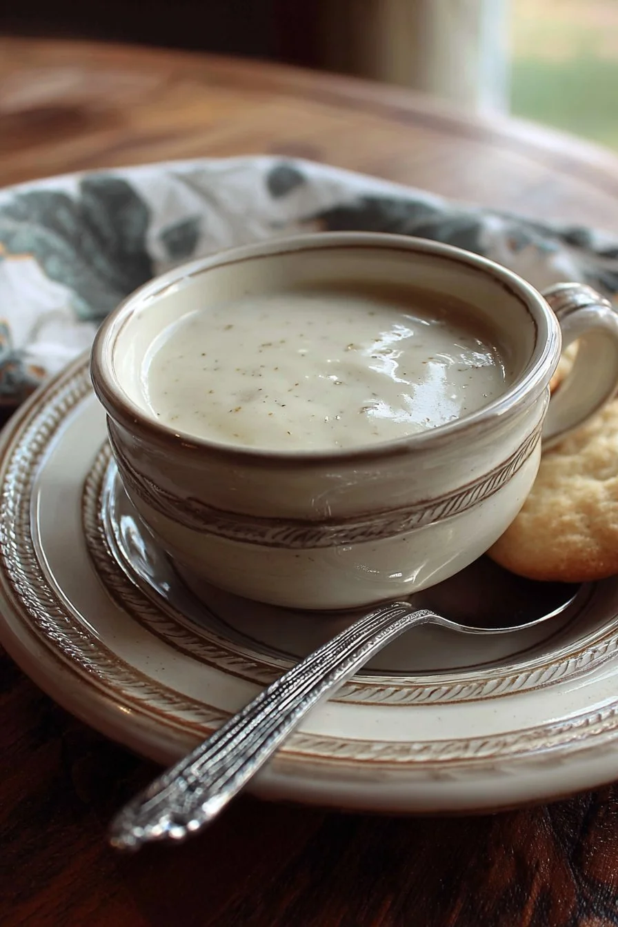 Bowl of creamy 4-ingredient homemade white gravy served over biscuits.