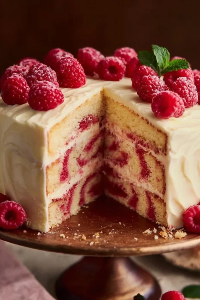 Almond Raspberry Swirl Layer Cake with colorful raspberry swirls and almond layers