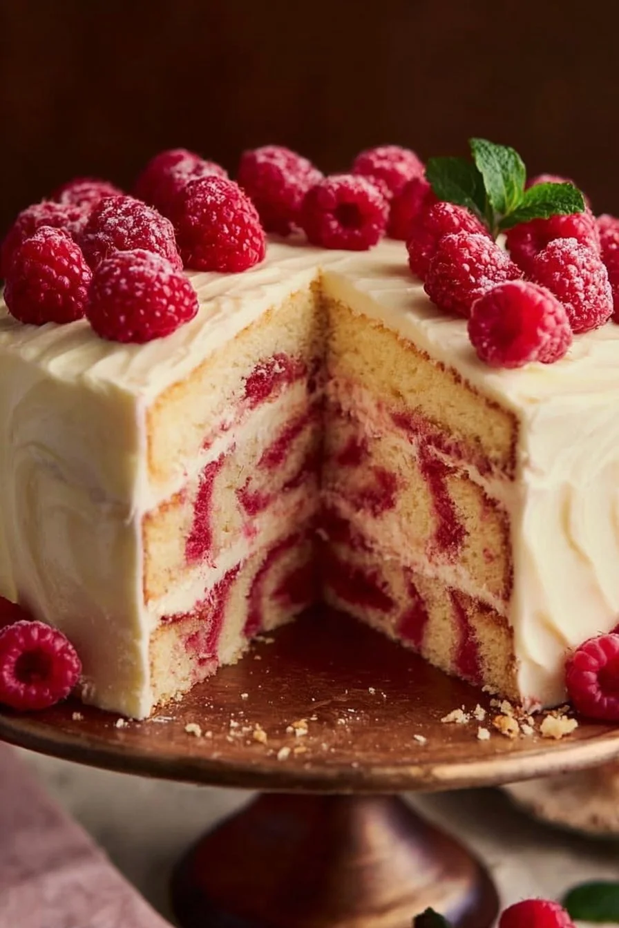 Almond Raspberry Swirl Layer Cake 2 Almond Raspberry Swirl Layer Cake with colorful raspberry swirls and almond layers