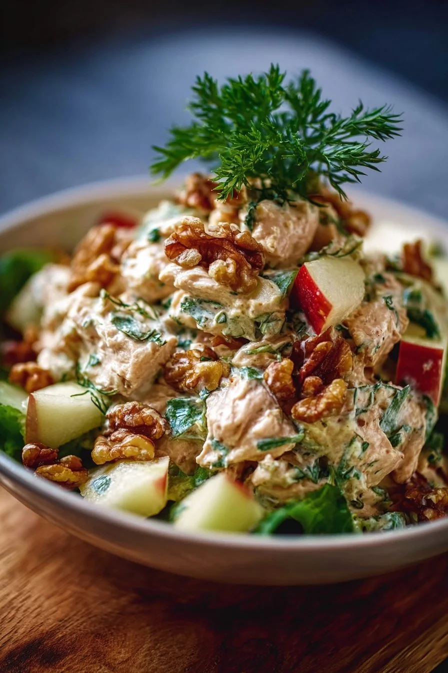 Delicious apple walnut chicken salad served in a vibrant bowl