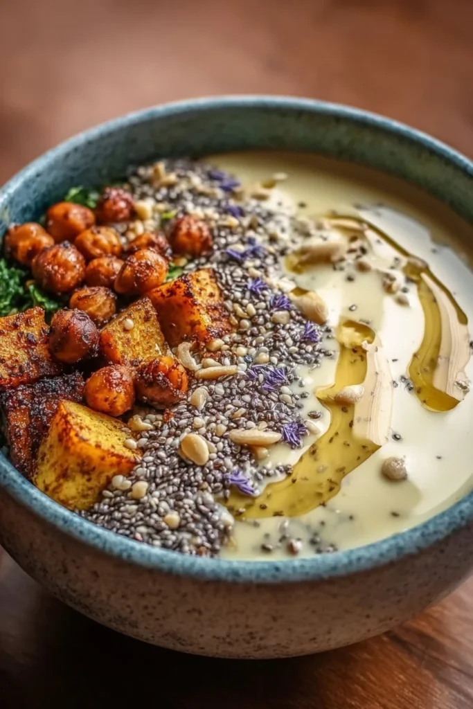 Healthy Anti-Inflammatory Glow Bowl with Tahini and fresh ingredients