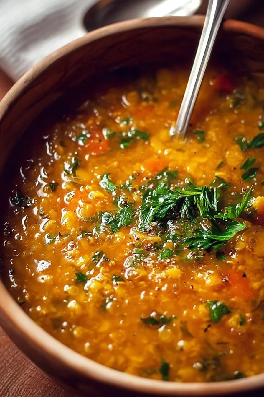 Bowl of anti-inflammatory red lentil soup with fresh herbs and spices