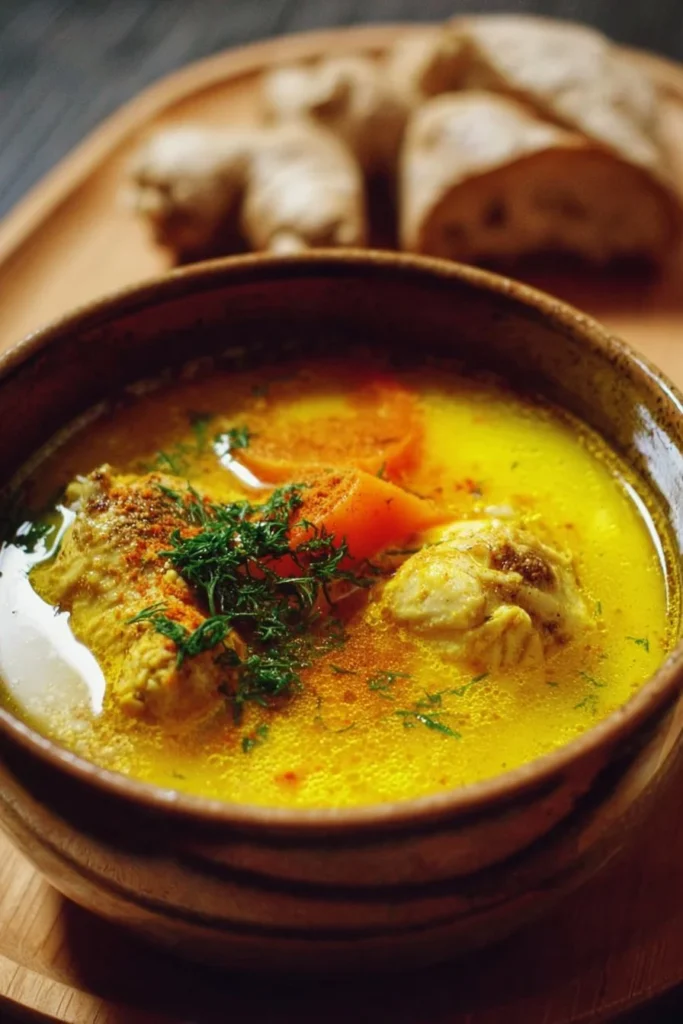 Bowl of anti-inflammatory turmeric chicken soup with fresh herbs