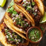 Delicious authentic grilled beef street tacos on a rustic wooden table