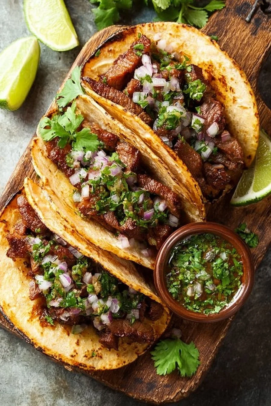 Delicious authentic grilled beef street tacos on a rustic wooden table