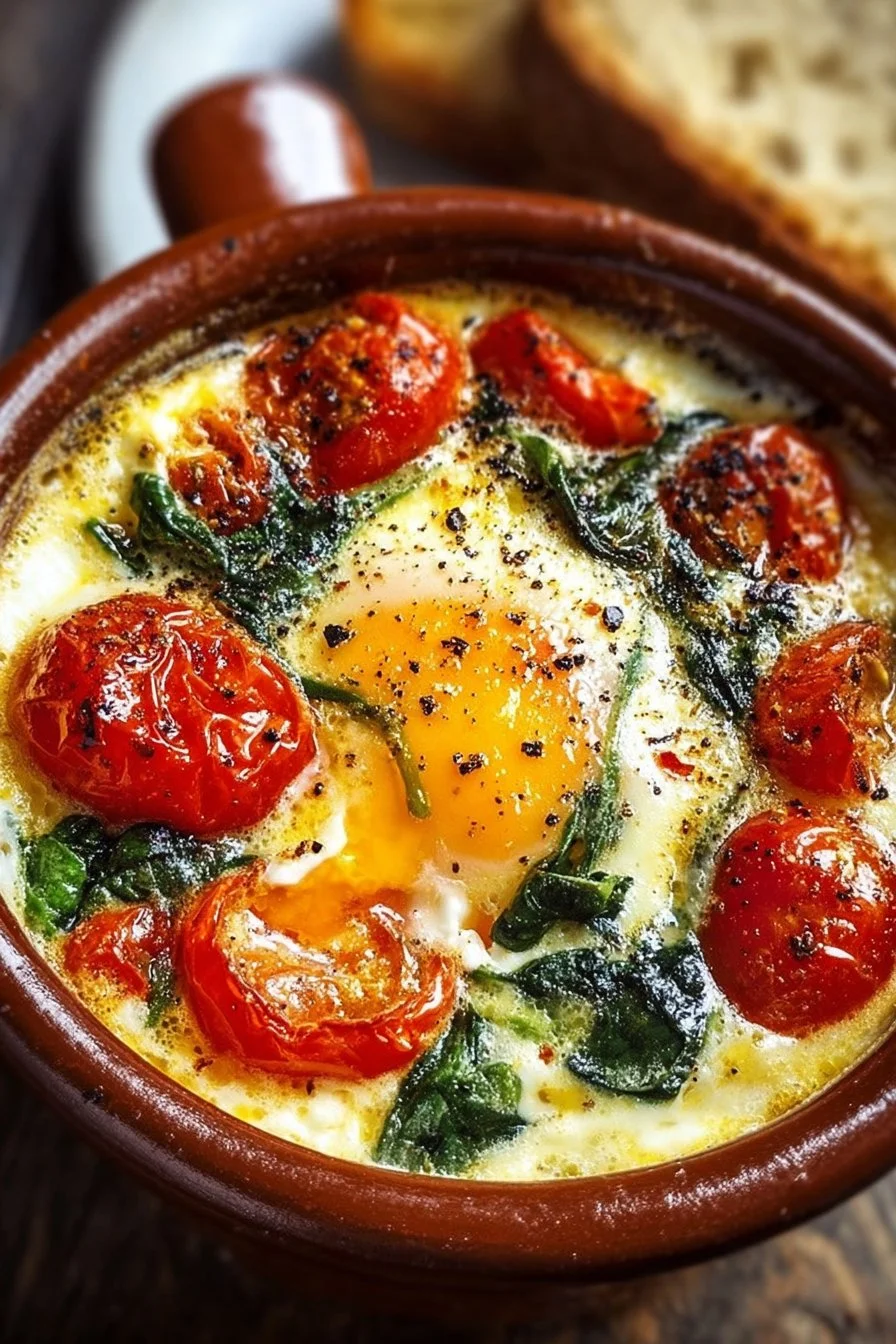 Baked feta eggs with spinach and tomatoes served in a colorful dish