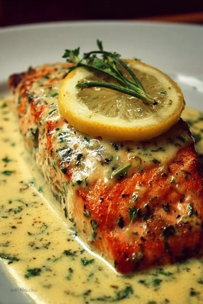Baked Salmon with Lemon Butter Cream Sauce served on a plate