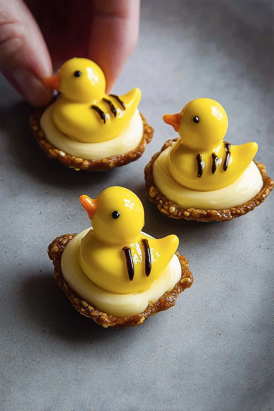 Bee-themed deviled eggs decorated with honeycomb design for a festive touch