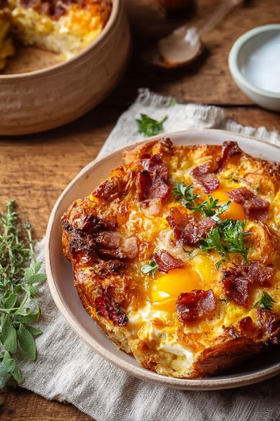 Delicious croissant breakfast casserole served warm on a table