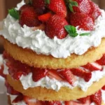 Delicious homemade strawberry shortcake with fresh strawberries and cream layers