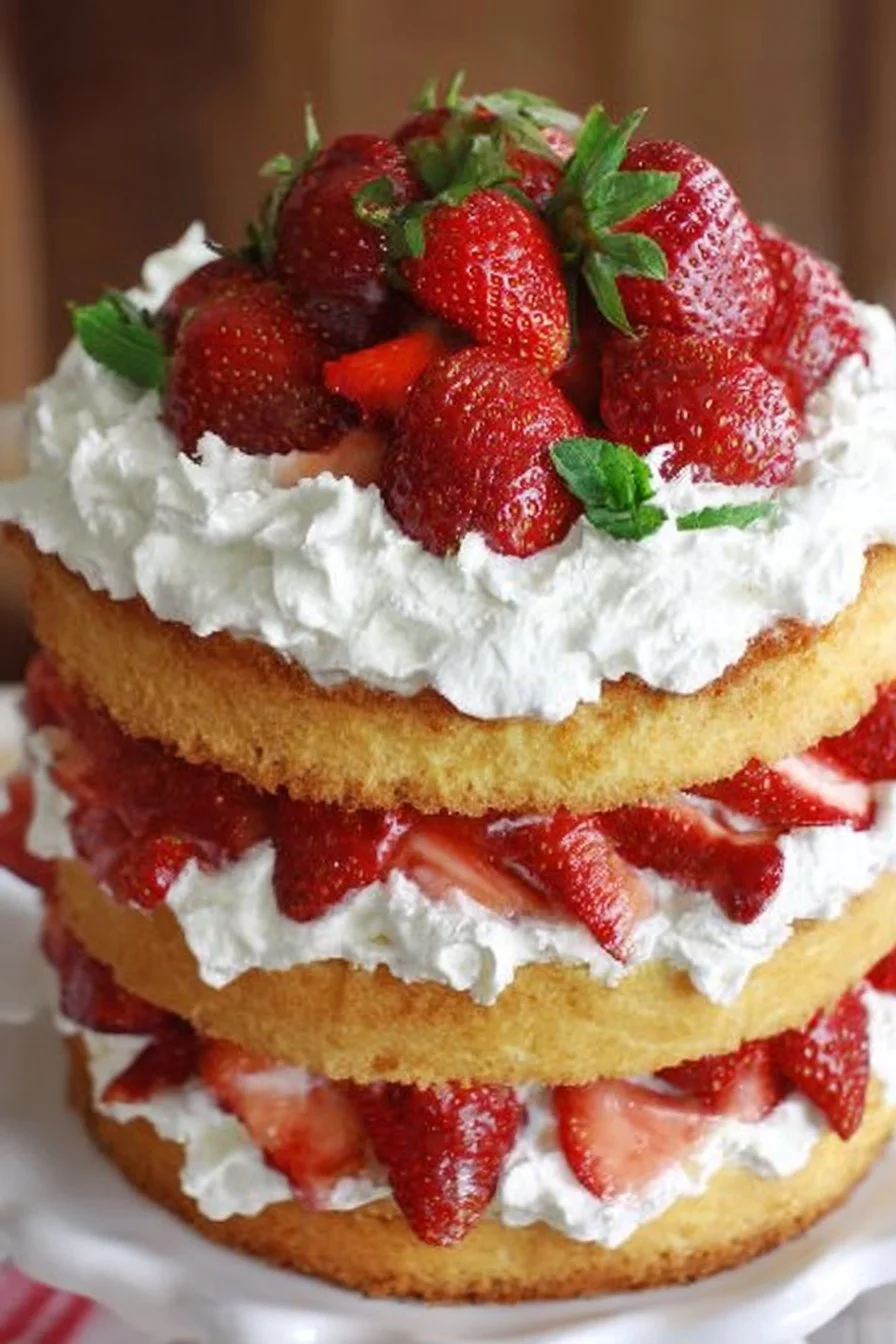Delicious homemade strawberry shortcake with fresh strawberries and cream layers