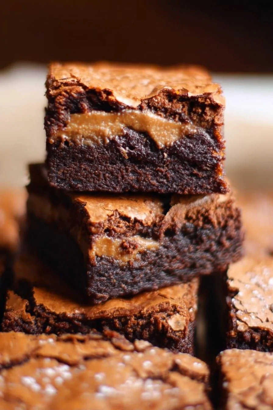 Biscoff Brownies 2 Delicious Biscoff brownies with chocolate and Biscoff spread on a wooden table.