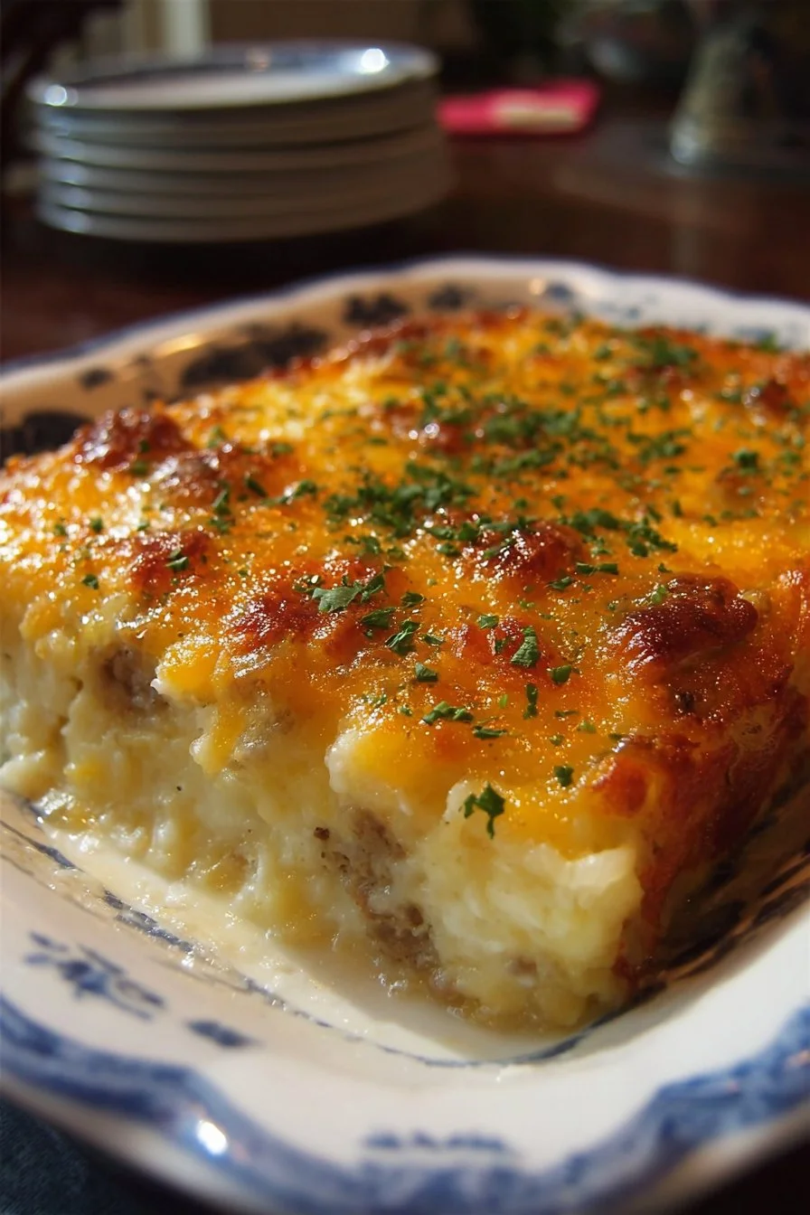 Delicious Biscuits and Gravy Hashbrown Breakfast Casserole served on a plate