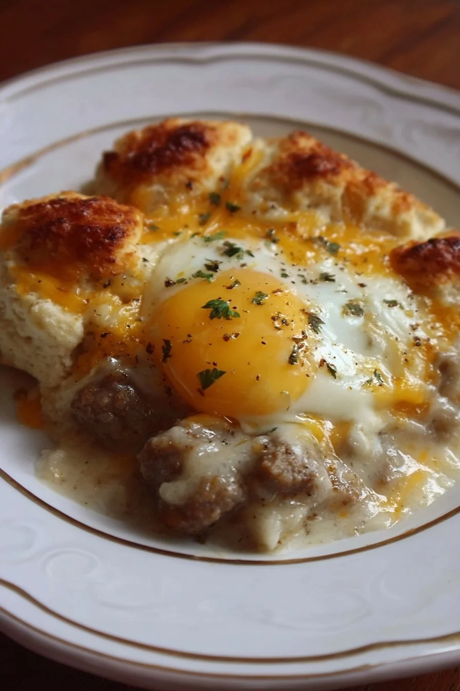 Biscuits and Gravy Breakfast Casserole with Eggs and Sausage served on a plate