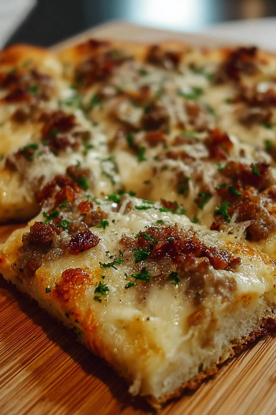 Delicious breakfast pizza topped with biscuits and sausage gravy