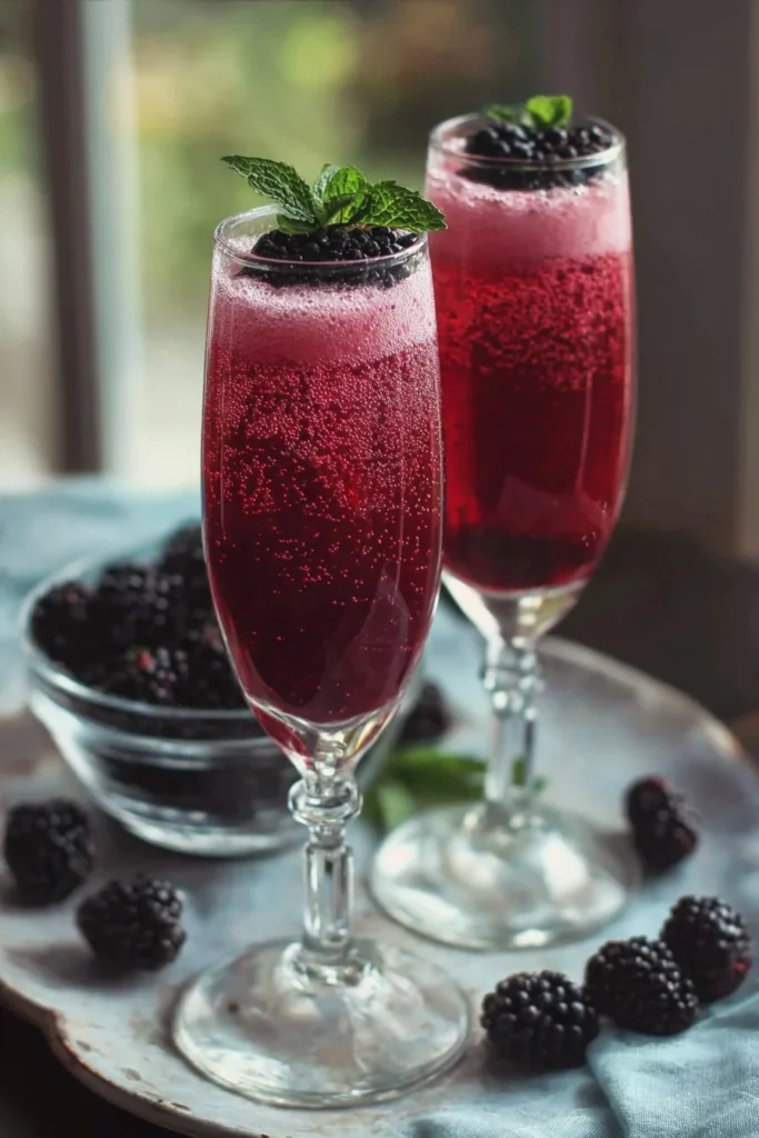 Refreshing Blackberry Mimosas served in a champagne flute with fresh blackberries.