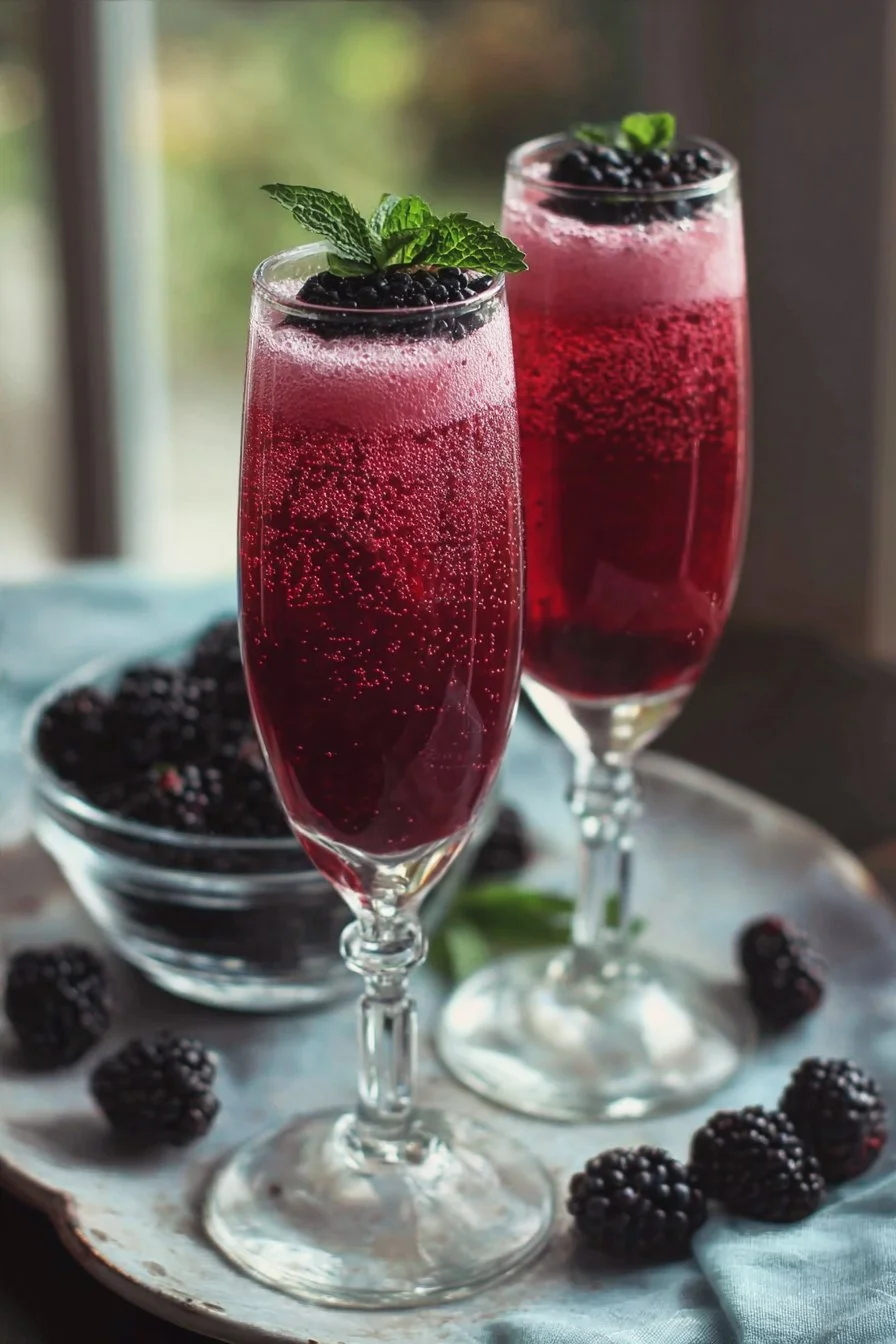 Blackberry Mimosas 2 Refreshing Blackberry Mimosas served in a champagne flute with fresh blackberries.