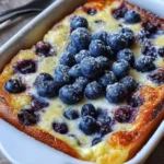 Blueberry Buttermilk Pancake Casserole served with syrup and fresh blueberries