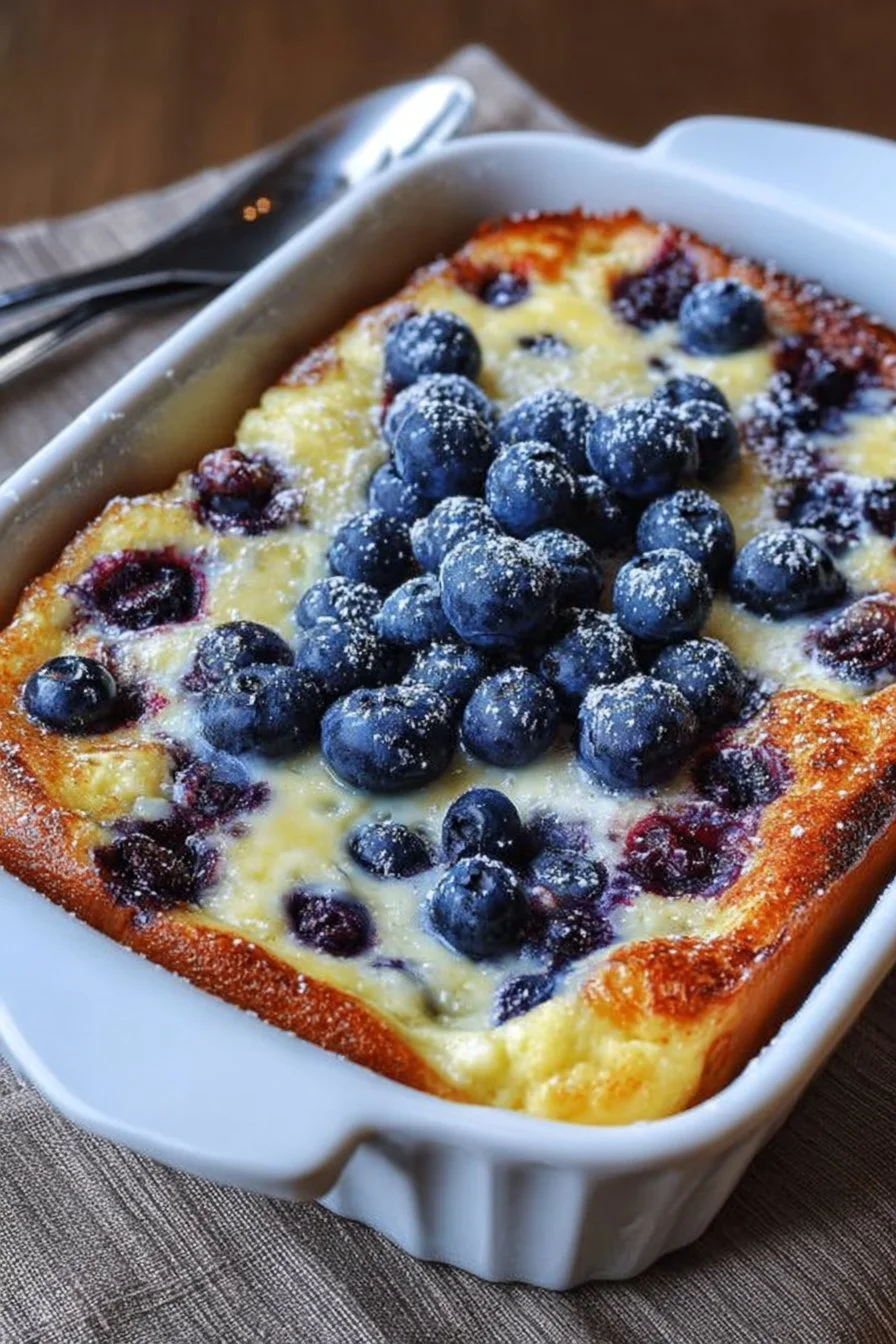 Blueberry Buttermilk Pancake Casserole served with syrup and fresh blueberries