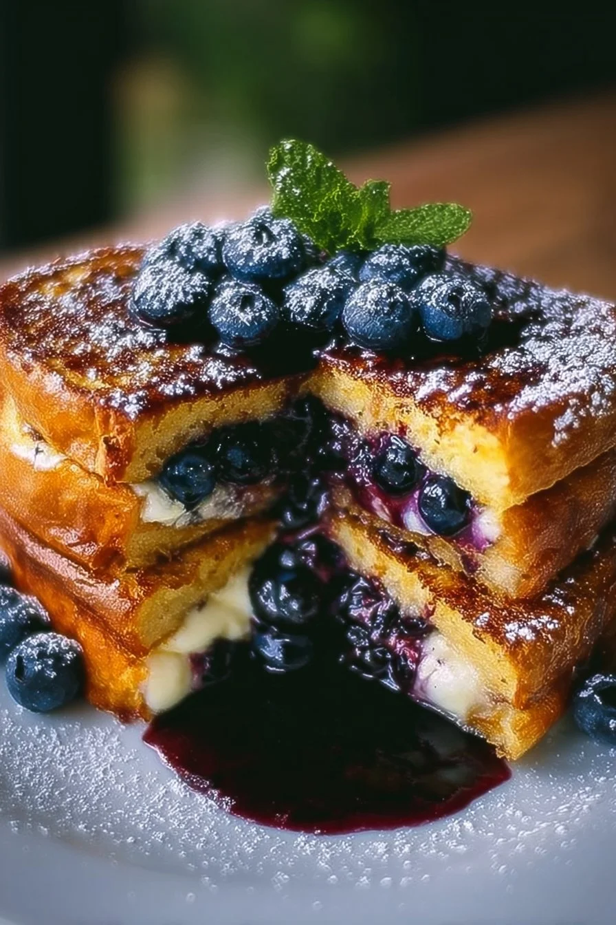 Delicious blueberry cheesecake stuffed French toast topped with fresh blueberries.