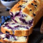 Delicious slice of Blueberry Cream Cheese Bread with blueberries on top