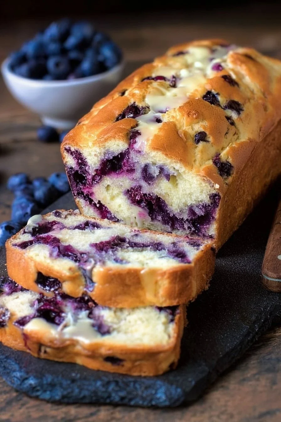 Delicious slice of Blueberry Cream Cheese Bread with blueberries on top