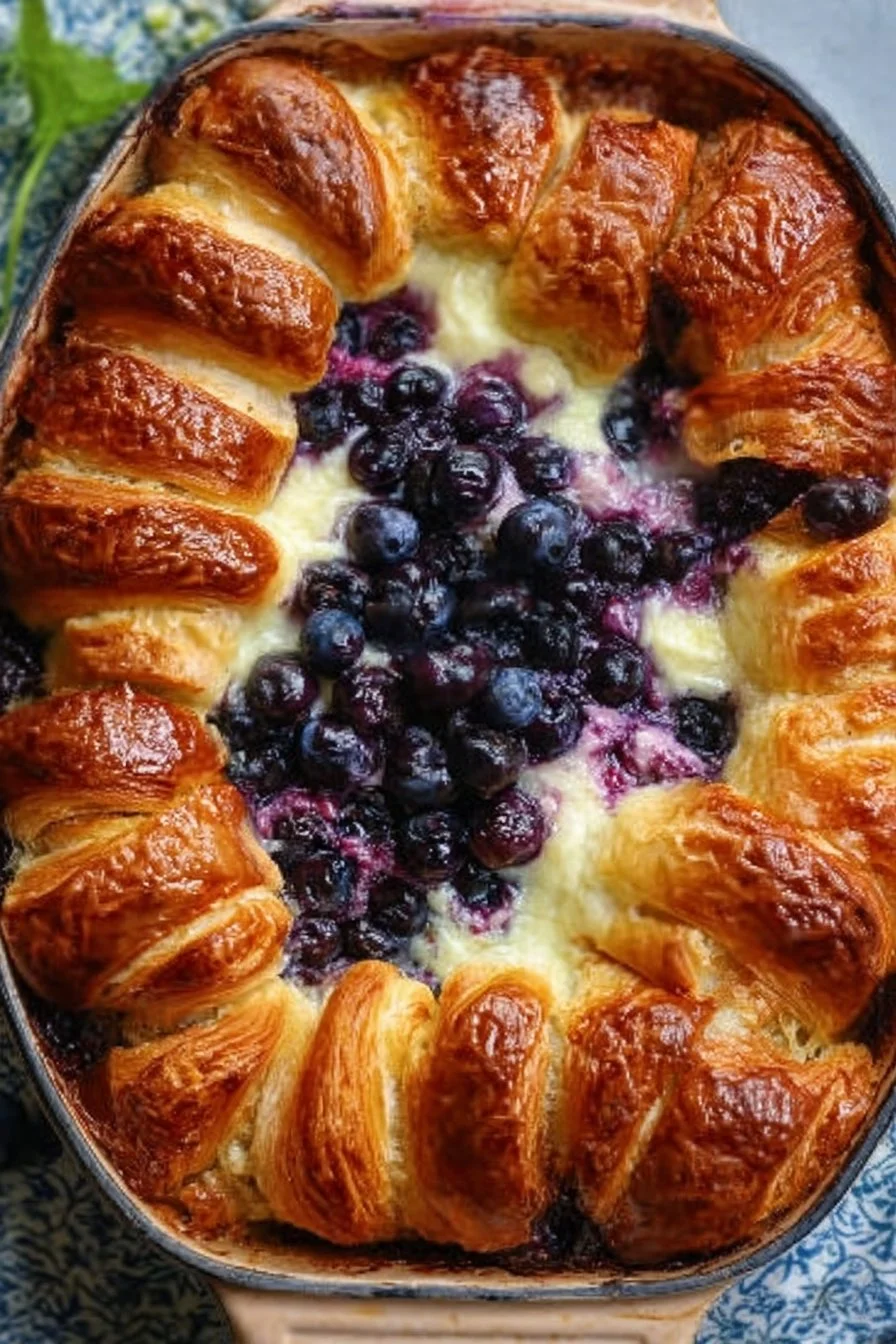 Blueberry Cream Cheese Croissant Casserole topped with fresh blueberries