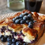 Delicious Blueberry Cream Cheese French Toast Casserole dish served warm.