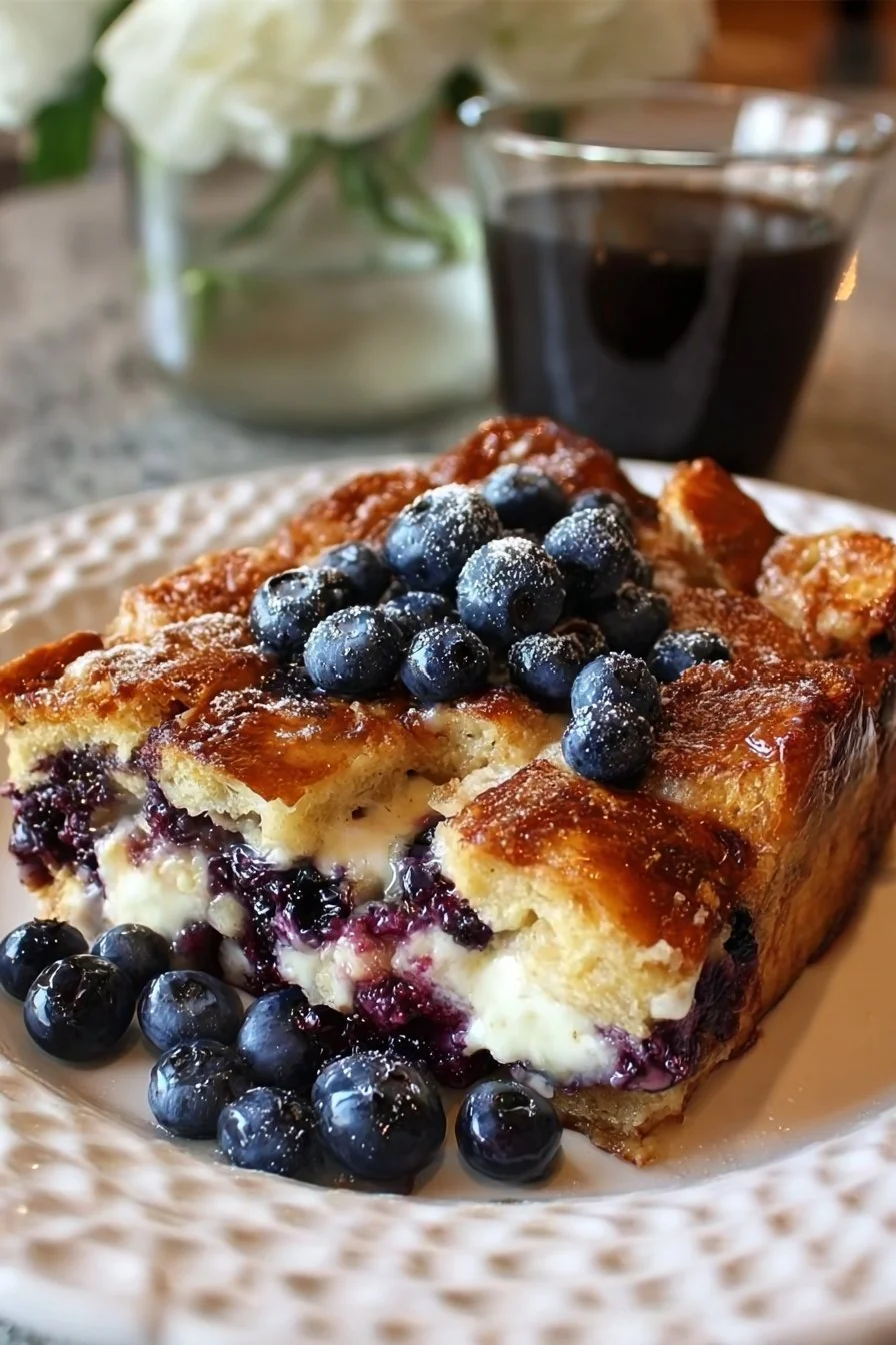 Delicious Blueberry Cream Cheese French Toast Casserole dish served warm.