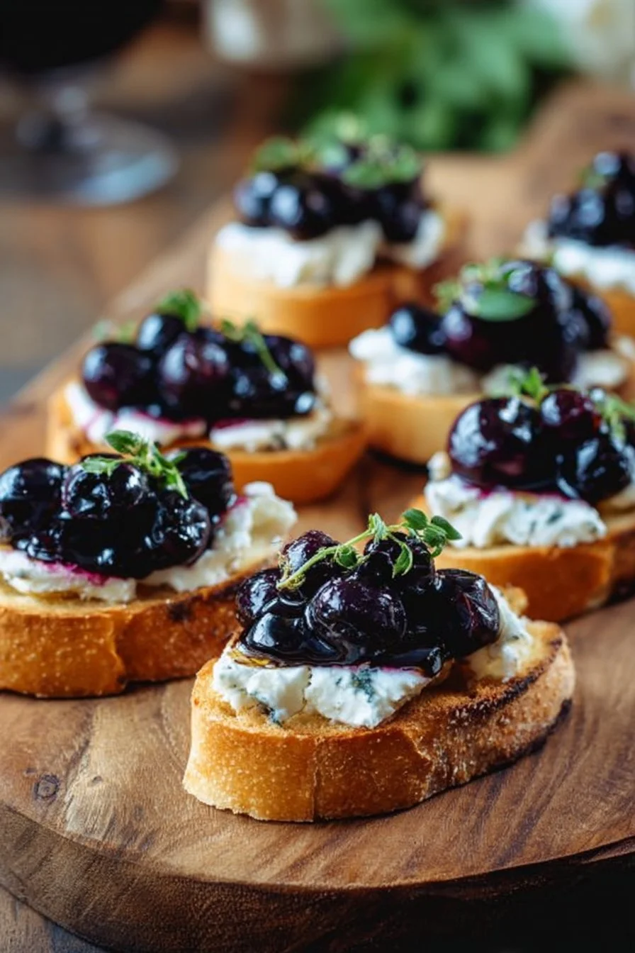 Blueberry goat cheese crostini appetizer with fresh blueberries and herbs