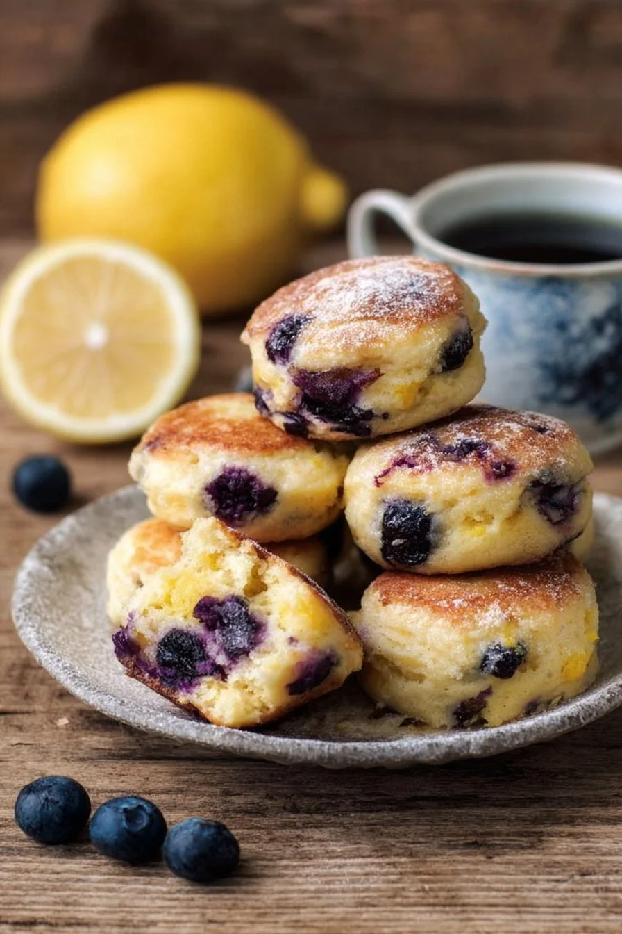 Blueberry Lemon Pancake Bites arranged on a plate, showcasing their delicious texture.