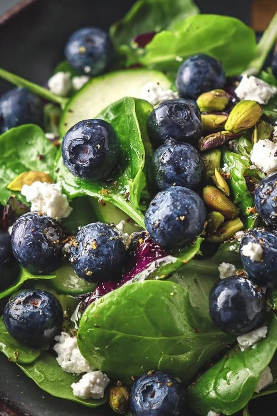 Fresh Blueberry Pistachio Spring Salad with vibrant greens and nuts