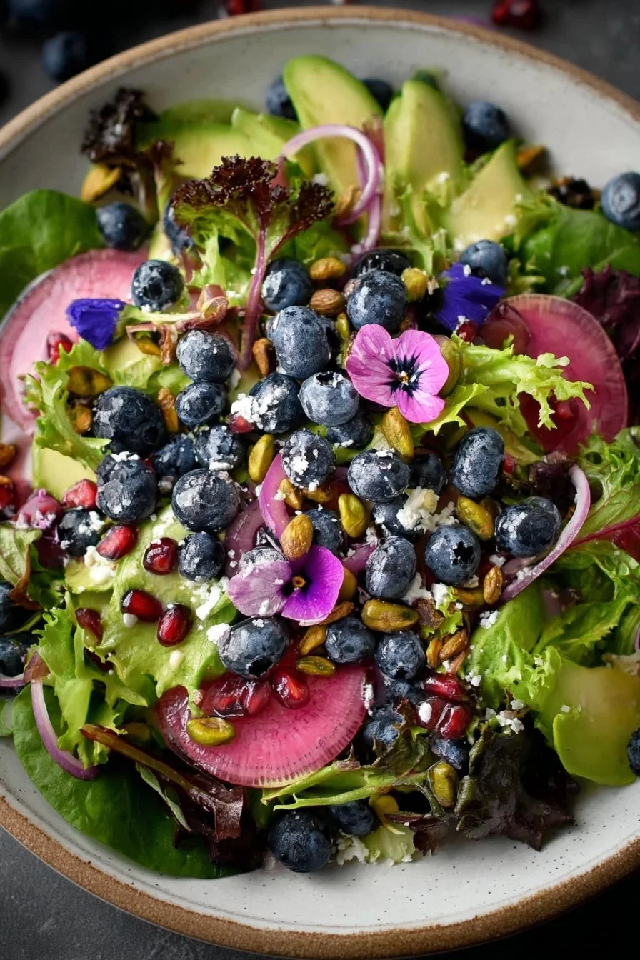 Delicious Blueberry Pistachio Spring Salad with fresh fruits and nuts
