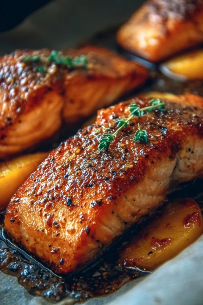 Delicious Bourbon Peach Roasted Salmon on a plate garnished with slices of peach.