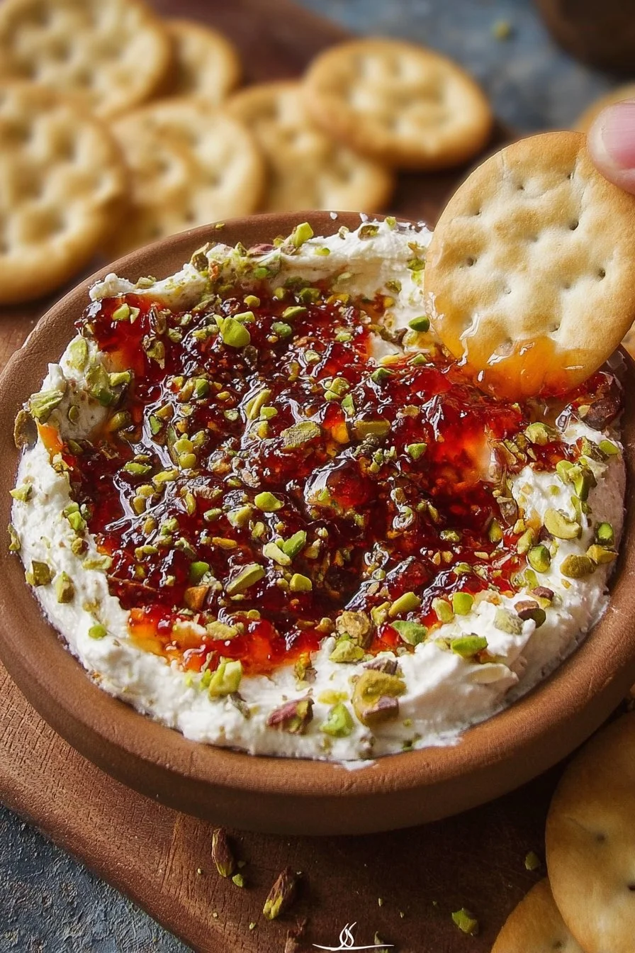 Boursin cheese dip with pepper jelly and pistachios served in a bowl