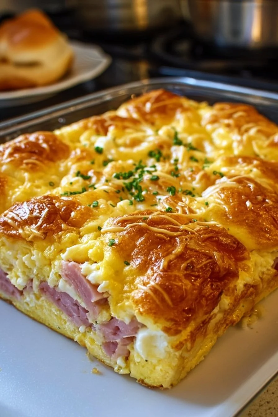 Savory breakfast casserole with ham and cheese served on a plate
