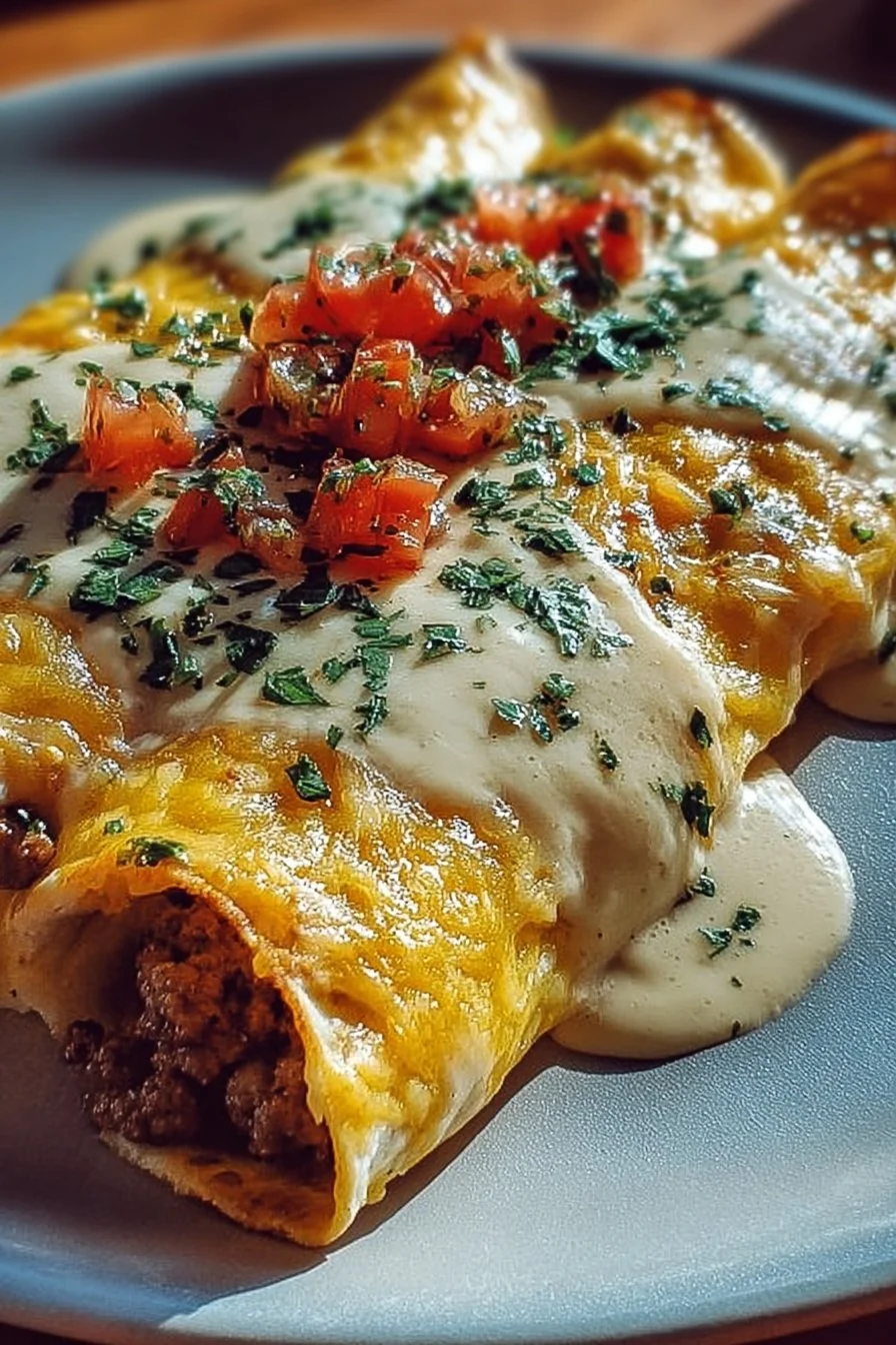 Breakfast Enchiladas 2 Delicious breakfast enchiladas filled with eggs and cheese