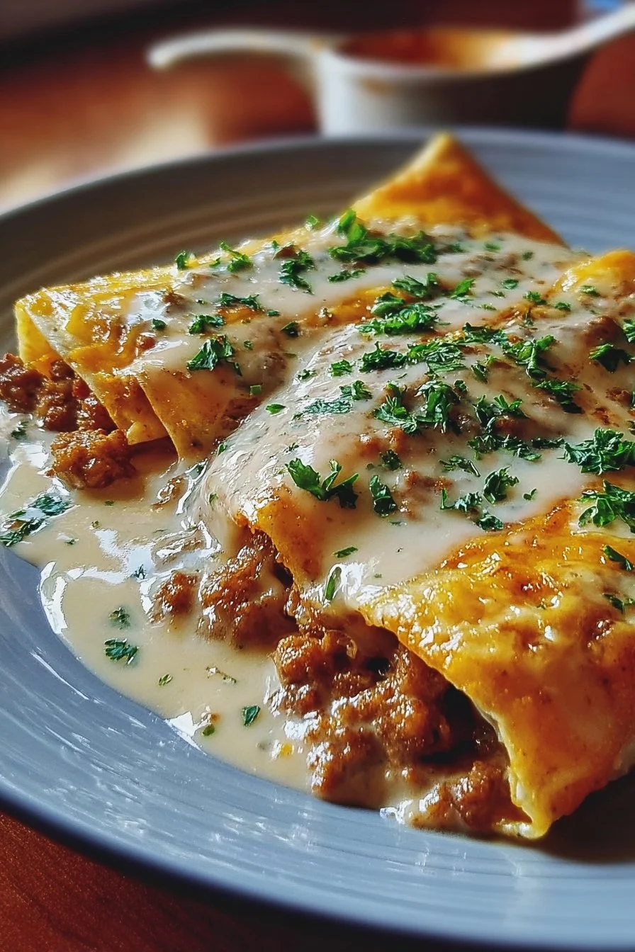 Breakfast Enchiladas with Sausage Gravy 2 Delicious breakfast enchiladas topped with sausage gravy served on a plate