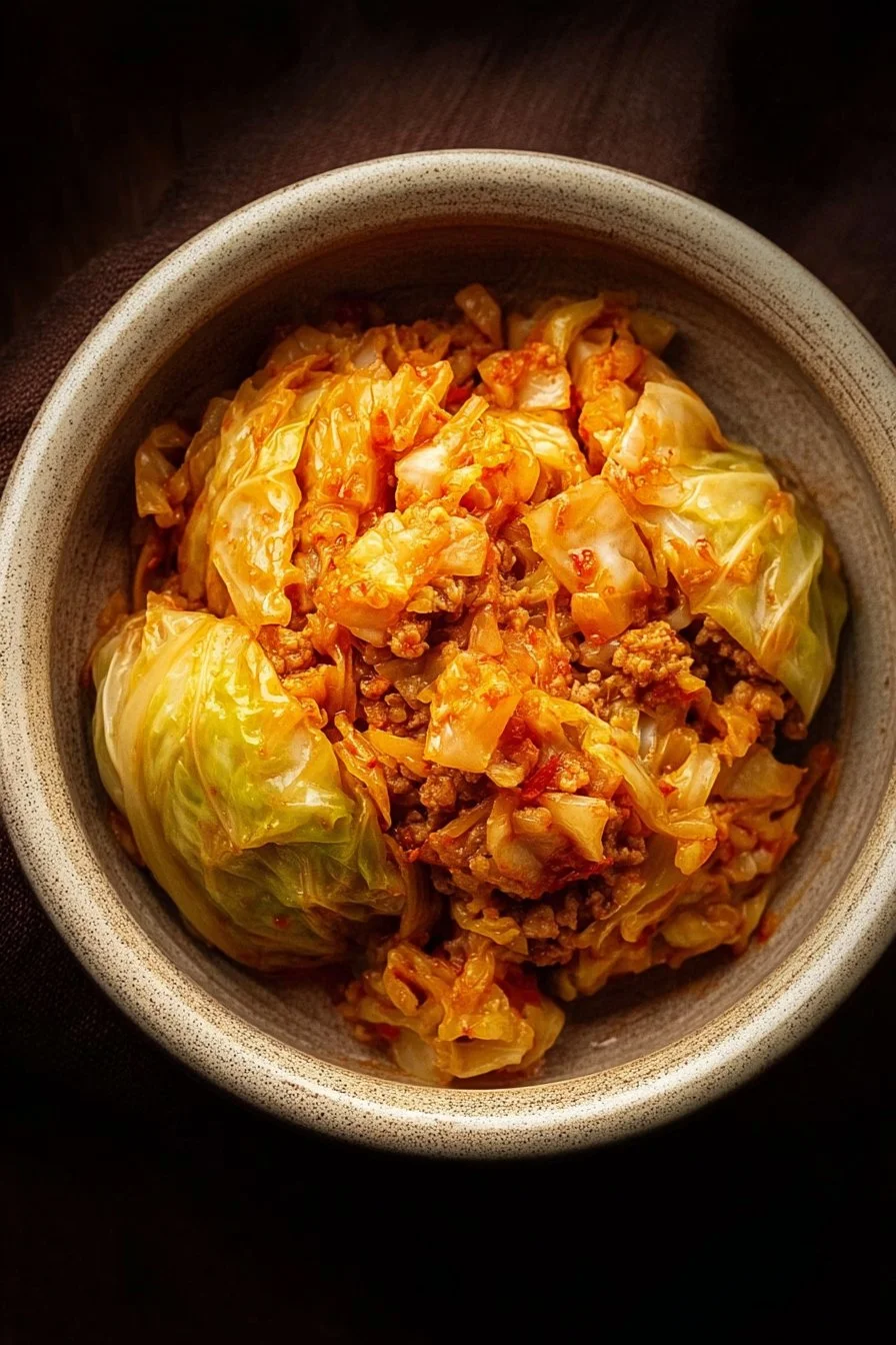Delicious cabbage roll in a bowl with savory filling and rich tomato sauce.