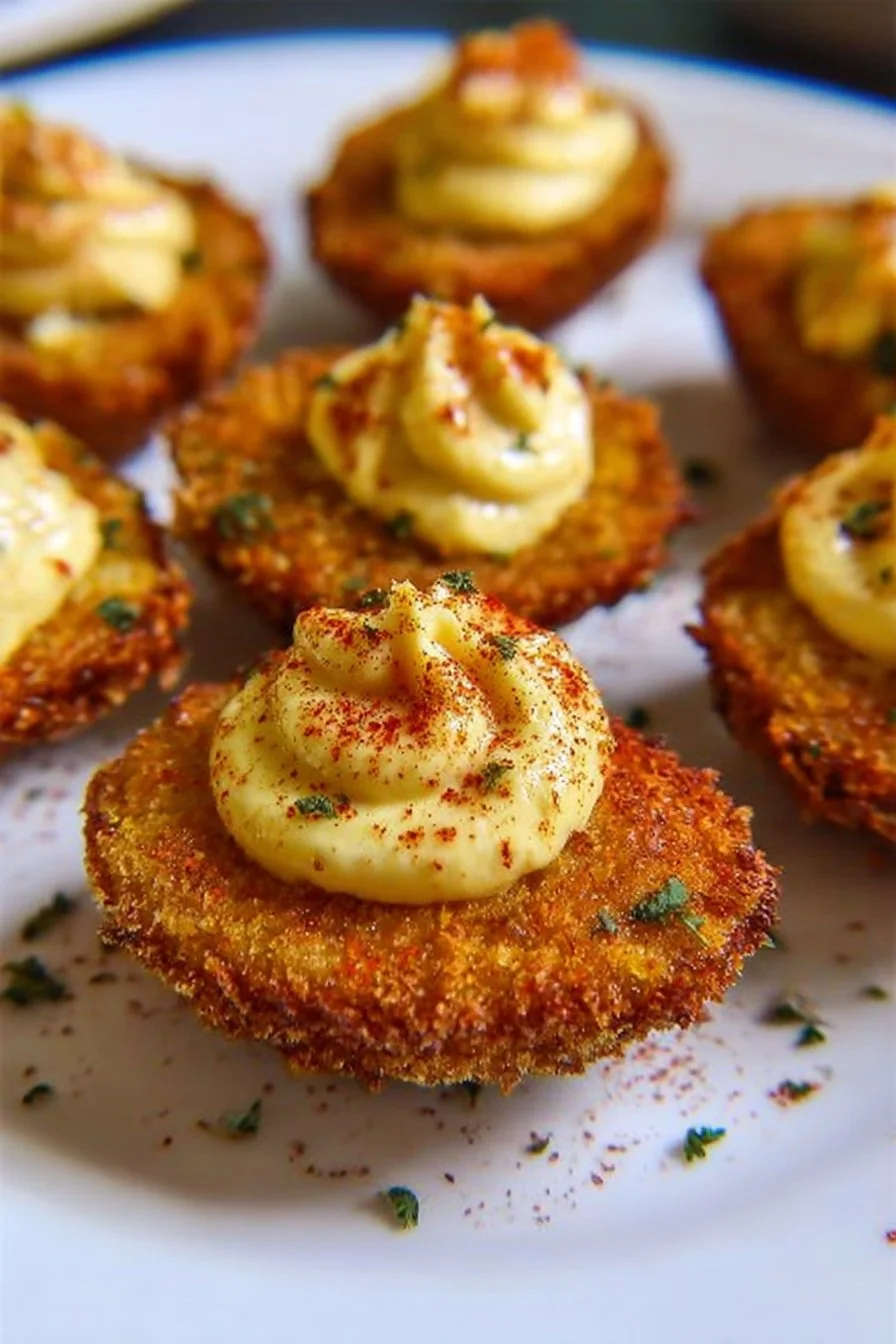Cajun-Style Fried Deviled Eggs 2 Cajun-style fried deviled eggs served on a platter