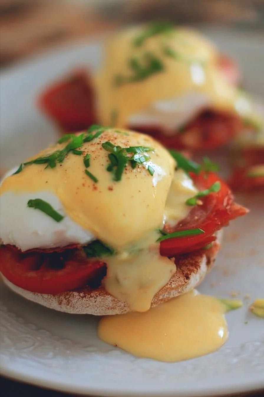 California Style Eggs Benedict topped with avocado and hollandaise sauce