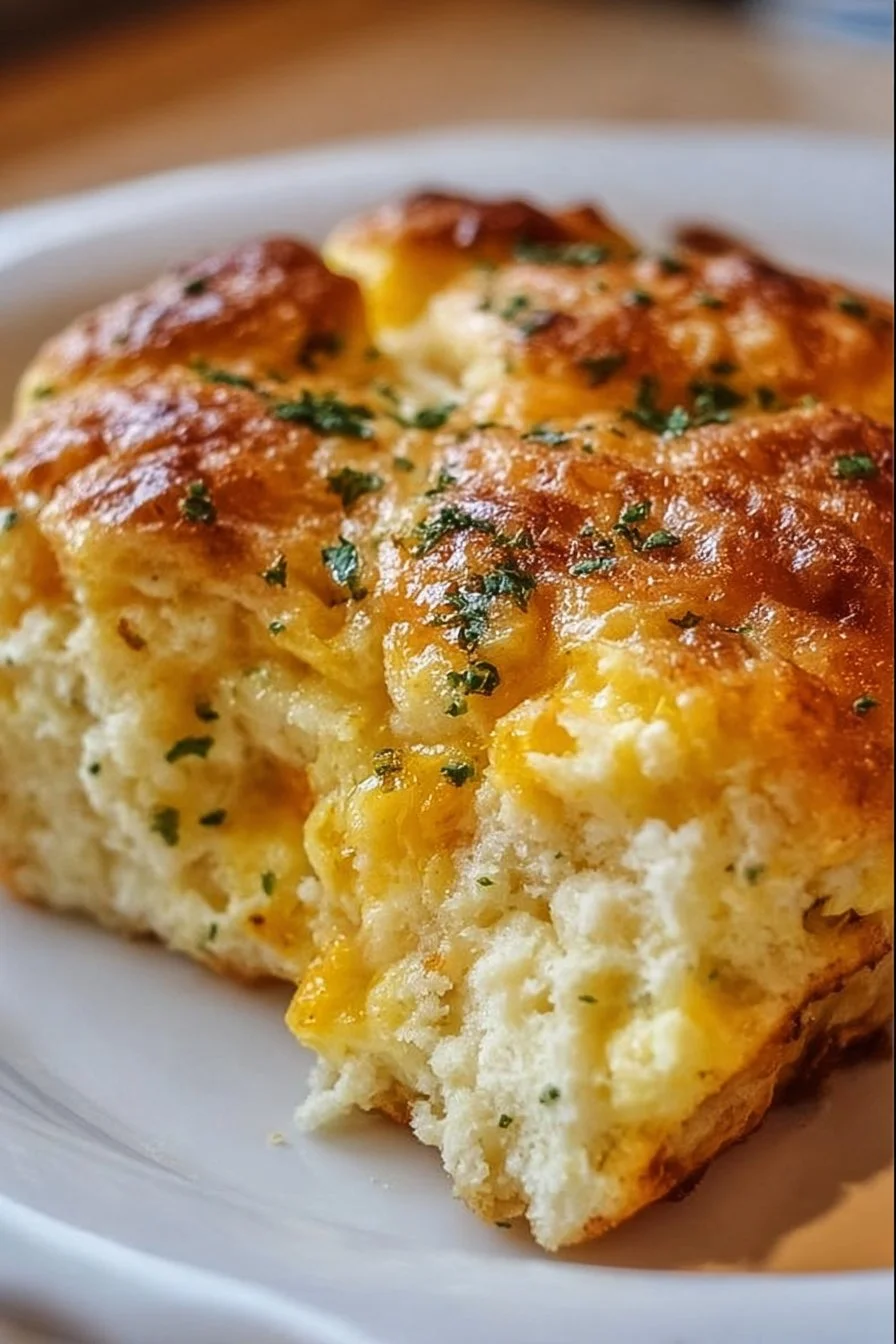 Cheddar Bay Biscuit Egg Breakfast Casserole topped with melted cheese and herbs