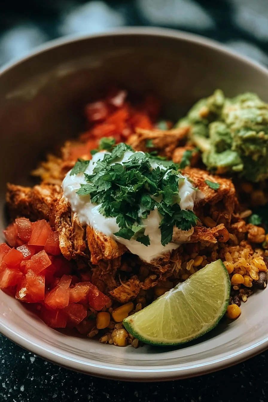 Delicious Chicken Burrito Bowl with rice, beans, and fresh toppings