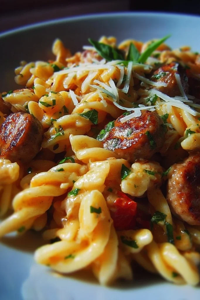Plate of flavorful Chicken Sausage Pasta with vegetables and herbs