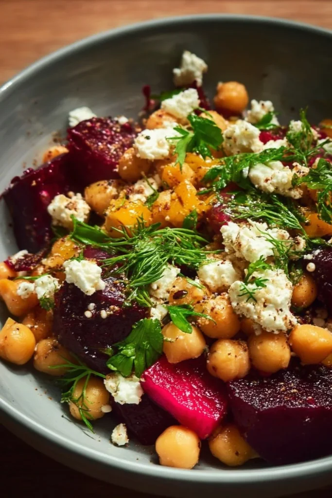 Chickpea, beet, and feta salad in a bowl with fresh ingredients