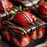Delicious chocolate covered strawberry brownies topped with fresh strawberries
