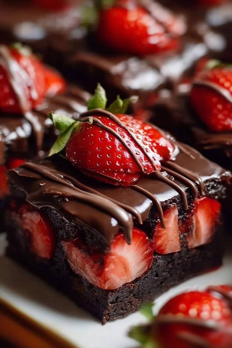 Delicious chocolate covered strawberry brownies topped with fresh strawberries