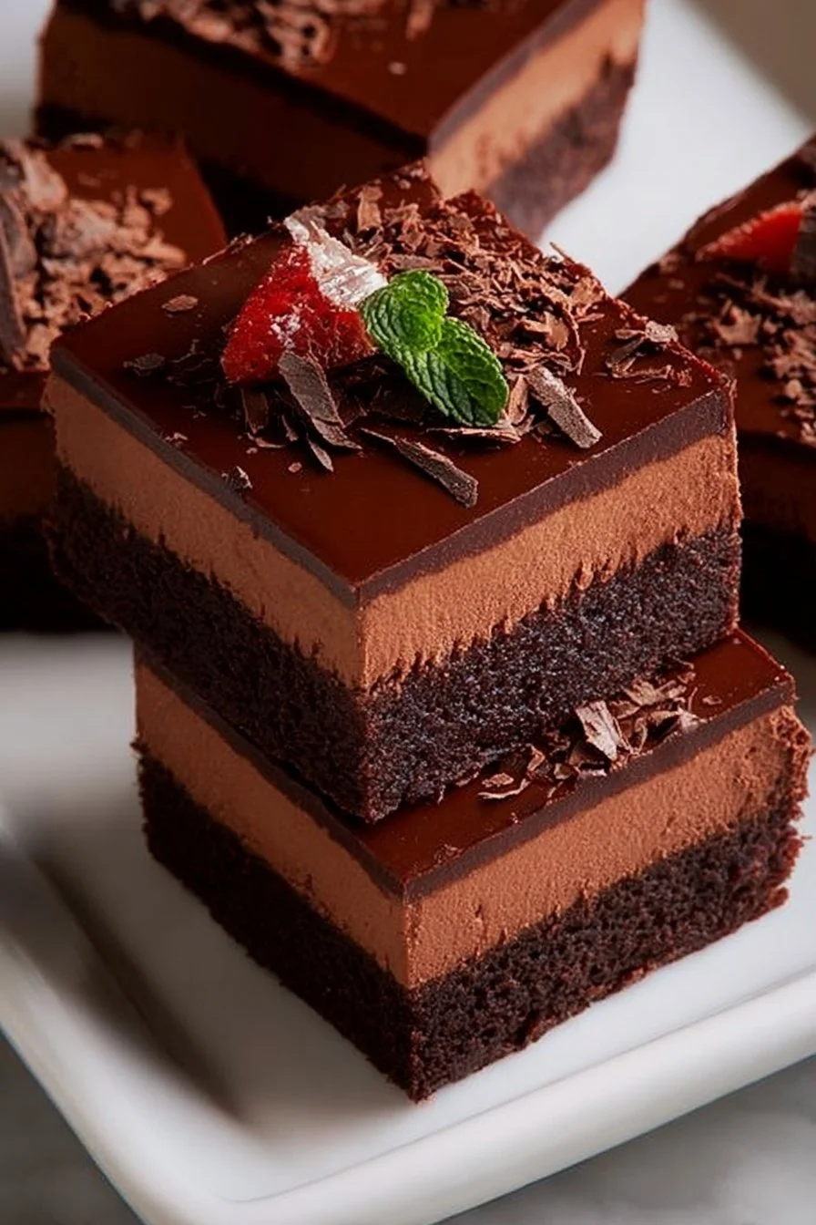 Delicious Chocolate Mousse Brownies topped with creamy chocolate mousse.